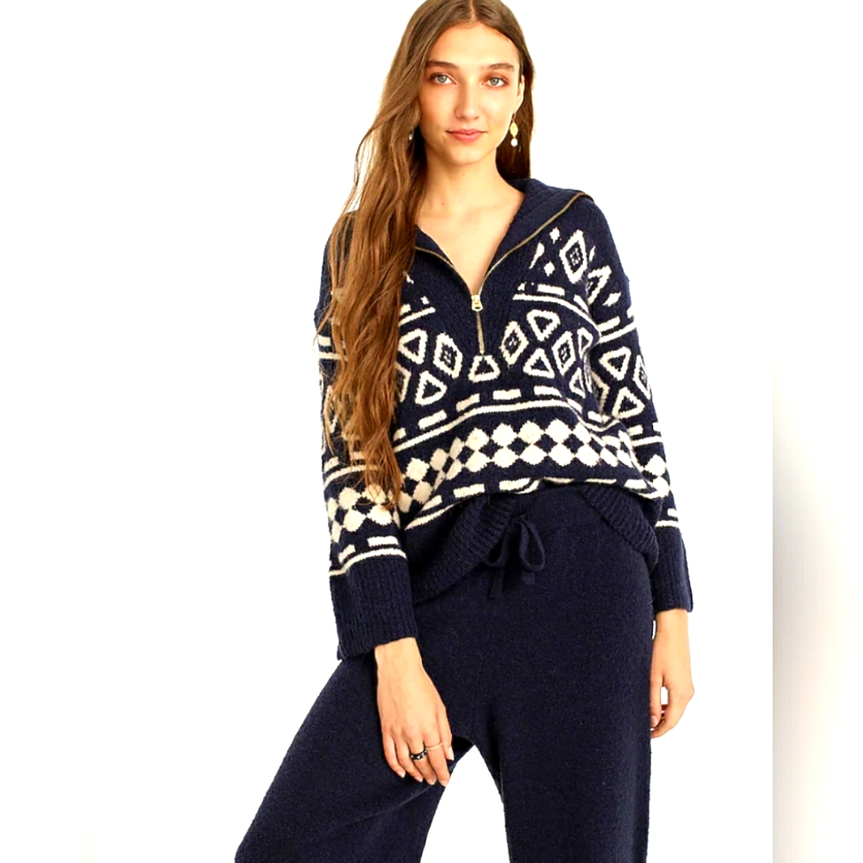J.Crew Relaxed Navy Geometric Wool Sweater M L Nwt Bd643